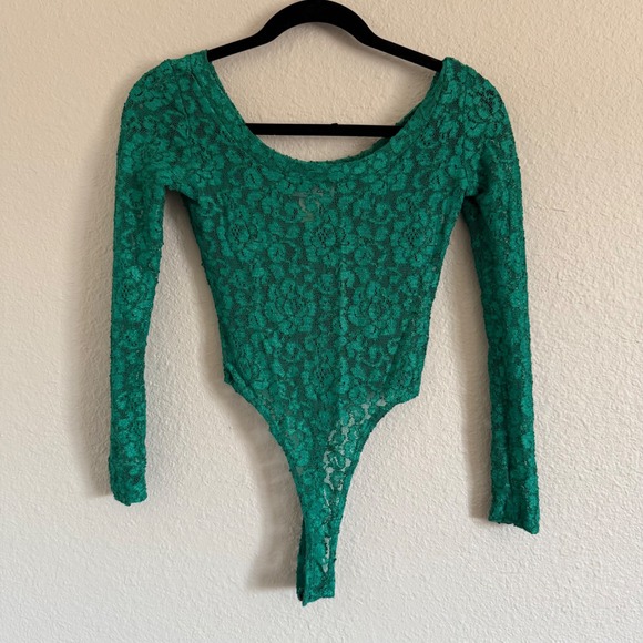 Vintage‎ C'est Bon Small Lace Bodysuit Long Sleeve Kelly Green Coquette Retro - Picture 1 of 9